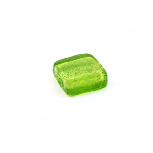Flat square 15mm glass bead green silver foil 